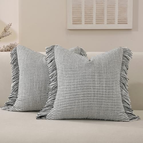 Handmade Tassel Boho Striped Fringe Pillow Covers Set of 2-18x18 Inch - color: Black, size: 18" x 18" (Pack of 2)
