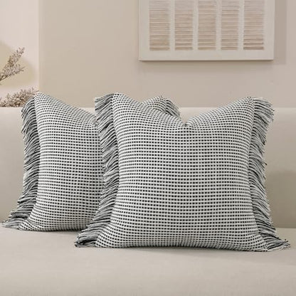 Handmade Tassel Boho Striped Fringe Pillow Covers Set of 2-18x18 Inch - color: Black, size: 18" x 18" (Pack of 2)