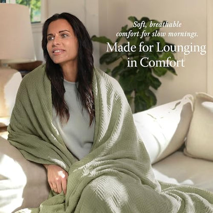 Threadmill Luxury 100% Cotton King Herringbone Blanket, Moss Green - color: Moss Green, size: King (106" x 92")