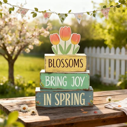 Spring Decoration Wooden Tiered Tray Decor – Tulip Blossoms Spring Stacked Block Sign with Floral Accent – Farmhouse Tabletop Spring Decor for Shelf Mantel Seasonal Home Display - style: Tulip