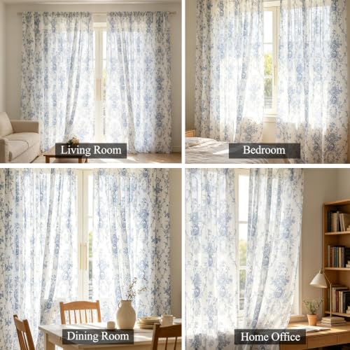 SUOUO Blue and White Toile Floral Semi Sheer Curtains 84 Inches 2 Panels - color: Blue-white, size: 52"W x 84"L (Pack of 2)