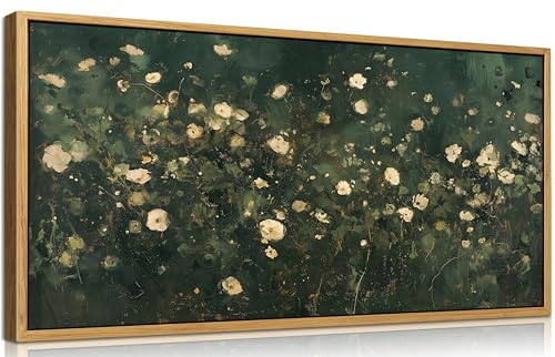 KIRFOLUC Large Abstract Floral Wall Art Dark Green Botanical Meadow Wall Decor Moody Wildflower Field Painting Picture Rustic Retro Flower Print Artwork for Living Room Bedroom Home Decor - color: Green Flower, size: 48"L x 24"W