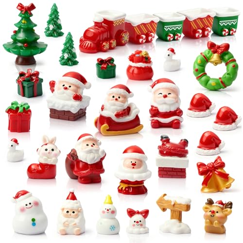 32Pcs Mini Christmas Figurines Resin Figures Miniatures to Hide | Christmas Santa Claus Reindeer Ornaments Gift for Xmas Party DIY Crafts Decorations