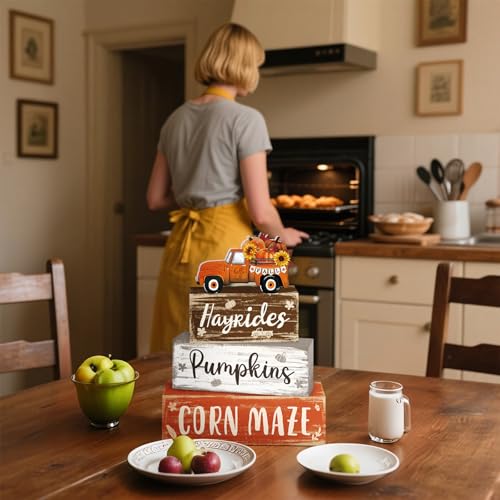 4 Pcs Fall Decor for Home Truck Pumpkin Wooden Signs with Sunflower - style: Truck