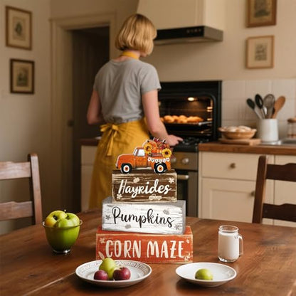 4 Pcs Fall Decor for Home Truck Pumpkin Wooden Signs with Sunflower - style: Truck