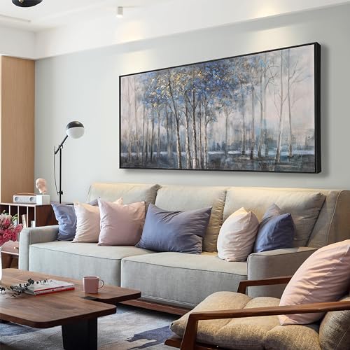 Wall Art Decor Dark Canvas Wall Art Blue Embellishments Plant Grey Misty Forest Abstract Tree Modern Artwork For Living Room Modern Canvas Prints Pictures For Wall Artwork For Bedroom Home Hotel Office Decoration 29x58 Inch - color: Blue Gold, size: 58"L