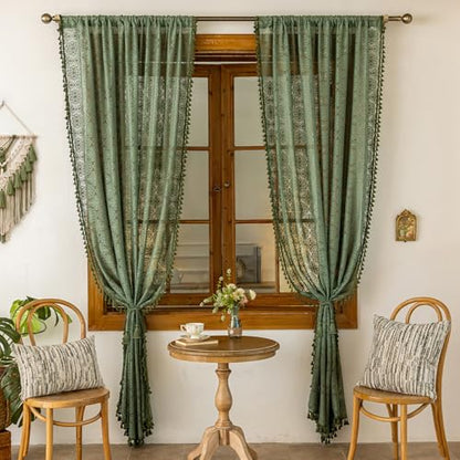 Sheer Boho Lace Curtains 84 Inches Long, Olive Green, Set of 2 Panels - color: Olive Green, size: 59"W x 84"L (Pack of 2)