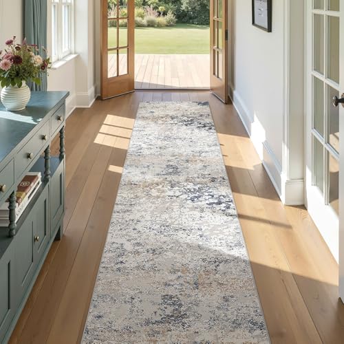 DMOYEST Washable Runner Rug for Hallway: 2.6x10 Neutral Modern Abstract Low Pile Area Rug with Non-Slip Backing - Carpet for Bedroom Kitchen Laundry Entryway Bathroom Indoor - Beige Blue - color: Beige Blue, size: 2'6" x 10' (Runner)