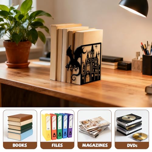Peacoblue 5.5"x4.3"x8.3" Metal Bookends, Heavy Duty Book Ends for Shelves - style: Dragon with Castle and Moon