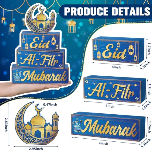 Yousoontic 4 Pcs Eid Mubarak Wooden Table Decor, Ramadan Mubarak Tiered Blocks Islamic Muslim Tabletop Decorations, Moon and Lantern Design, Blue and Gold Eid Table Centerpiece for Home Office - style: Ramadan