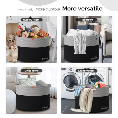 Cotton Rope Woven Laundry Basket 22"X 22"X 14" with handles(Black-Grey)XXXL - color: Black/Gery