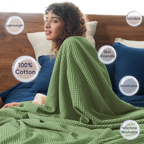 PHF 100% Cotton Waffle Throw Blanket Lightweight Breathable, Loden Green - color: Loden Green, size: Throw(50" x 60")
