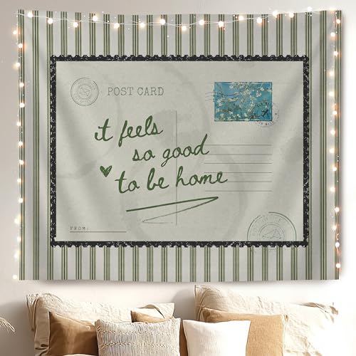 MKYFHSVGD Vintage Green Striped Postcard Tapestry Wall Hanging, It Feels So Good to Be Home Retro Wall Tapestry for Bedroom Living Room Home Decorations, 50x60 Inch - color: Home