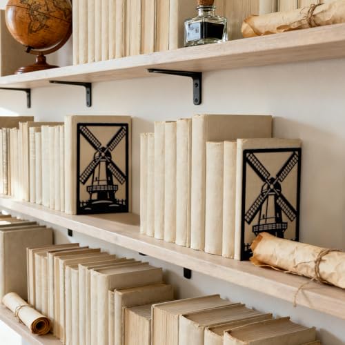 Peacoblue 5.3"x4.3"x7.9" Metal Bookends, Heavy Duty Book Ends for Shelves - style: Dutch Windmill and Fence