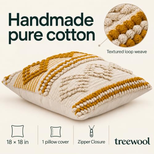 TreeWool 100% Cotton Woven Throw Pillow Cover (Pack of 1, 18" x 18", Yellow) - color: Yellow