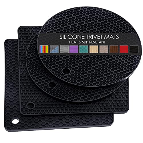 4 Pack Silicone Trivets for Hot Pots and Pans, Black Hot Pads Pot Holders, Non-Slip & Heat Resistant Silicone Mats for Kitchen Counter, Soft Durable Drying Mat, Jar Opener and Coasters, Black - color: 01 Black, size: 7x7in