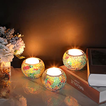 OwnMy 3PCS Mosaic Glass Tea Light Holders Round Bowl Votive Candle Holders - color: Rainbow