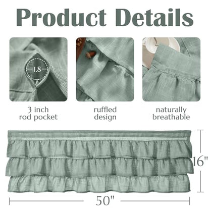 jinchan Ruffled Kitchen Window Valance Curtain, 18 Inch, 1 Panel, Green - color: 3-tier Ruffle | Frosty Green, size: 50"W x 18"L (Pack of 1)