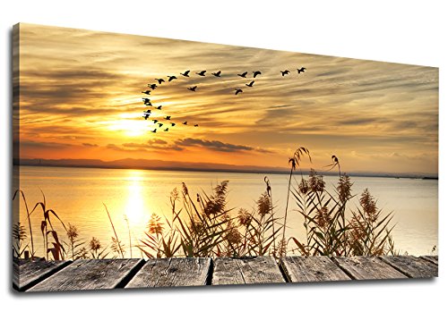 Wall Art Lake Sunset Canvas Art Autumn Nature Picture Dock Wooden Bridge Reeds Birds Flying Shore Dusk Contemporary Artwork for Bedroom Living Room Decoration Home Kitchen Office Wall Decor 20" x 40" - color: Sunset Lake, size: 40"L x 20"W
