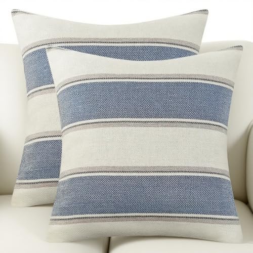 AmHoo Pack of 2 Farmhouse Linen Throw Pillow Cover Cushion Stripe Decoration Buffalo Retro Pillowcase with Hidden Zipper for Sofa Bedroom Car 24 x 24 Inch Blue - color: Blue, size: 24" x 24" (Pack of 2)