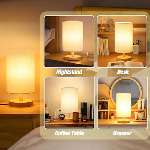 Desk Lamp LED Bulb Included, Small Bedside Table Lamp Plug-in - Classic Wood Base with Flaxen Fabric Shade, Lamps for Night Stands, Simple Nightstand Light for Bedroom, Office, Desk - color: Flax White