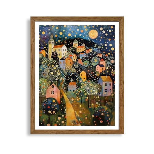AVECCO Gustav Klimt Style Village Night Wall Art Framed Canvas 8x10 Inch - color: colorful, size: 10"L x 8"W
