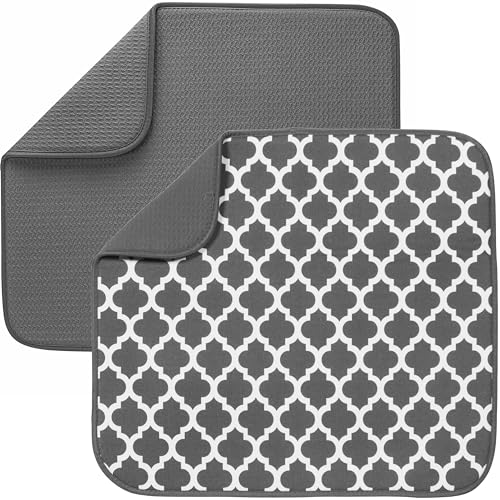 S&T INC. Dish Drying Mat, 2 Pack, 16" x 18", Large, Grey and Grey Trellis