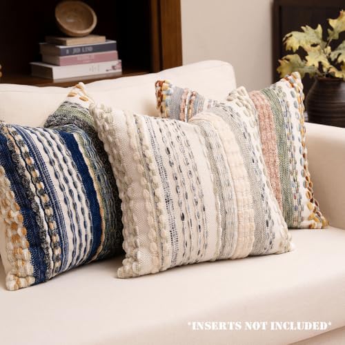Boho Chenille Tufted Throw Pillow Covers 18x18 Inch Set of 2 Farmhouse Cream White Woven Striped Decorative Pillowcases for Couch Sofa Bed - color: Cream White