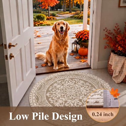 U'Artlines 4ft Round Area Rug Non Slip Low Pile Floor Carpet Beige - color: Beige, size: 4' (Round)