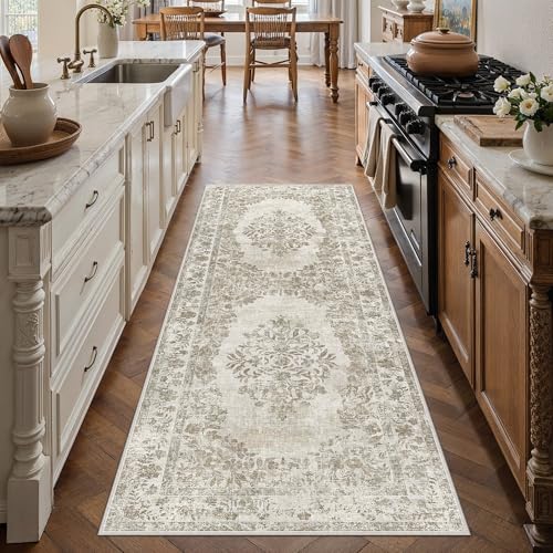PureCozy 2x6 Washable Runner Rug Kitchen Cream Beige Vintage Long Carpet - color: Vintage Beige/Cream, size: 2' x 6' (Runner)