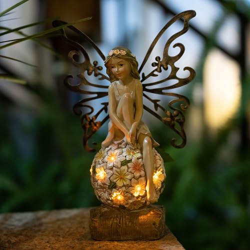 Solar Fairy Statue Garden Decor - Fairies and 7 LED Lights - Lawn Decor Statue for Patio, Balcony, Yard Ornament - Gifts for Mom Grandma Women - color: White