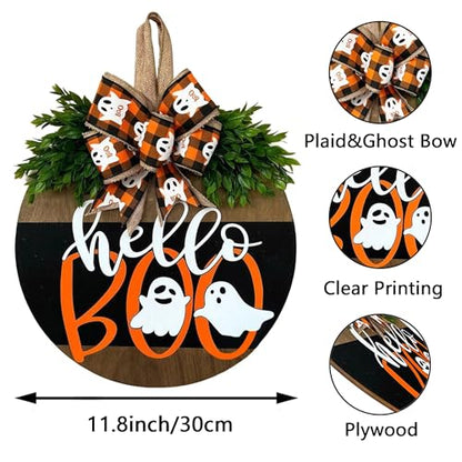 Halloween Ghost Wreath, Wooden Halloween Ghost Door Sign Wreath Decorations for Front Door Hanger