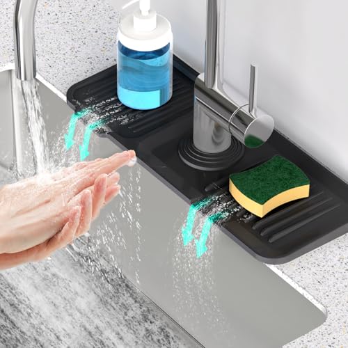 14.6'' Faucet Mat for Kitchen Sink [5°Slope Fast Self-draining] Kitchen Sink Splash Guard Silicone Kitchen Sink Faucet Mat Splash Guard for Kitchen Sink Area Tidy Splash Faucet Guard Draining Mat - color: Black, size: 14.6" x 5.5"