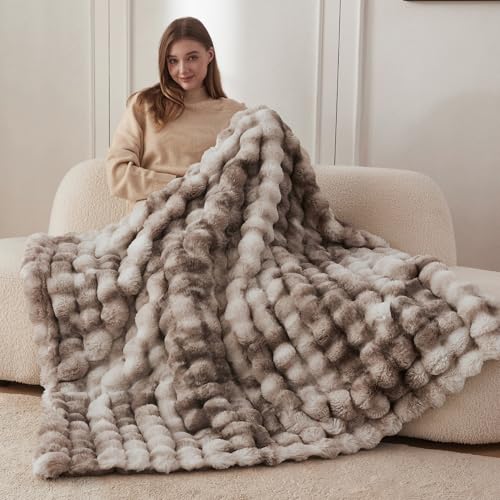 COOVA Soft Bubble Faux Fur Throw Blanket, 50"x60", Tie-dye Brown - color: Tie-dye Brown, size: 50“x60”