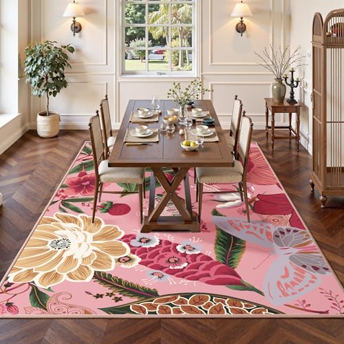 Tyrot Pink Boho Floral Living Room Rug, 5x7 Rug Washable Botanical Butterfly Area Rugs Flat Woven Ultra-Thin Non Slip Low Pile Carpet for Bedroom, Dining Room, Office, Kids Room - color: Boho Rose, size: 5' x 7' (Rectangular)