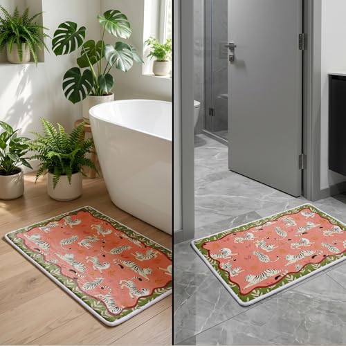 Boho Tiger Bathroom Mat,Pink Green Chinoiserie Kitchen Mat,Soft Non-Slip Tiger Decorative Mats Rug for Bathroom Dressing Table Shower Tub Kitchen Entry Door,24x16Inch