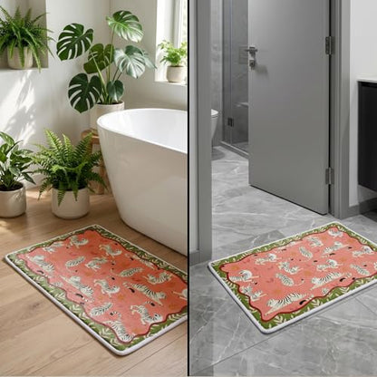 Boho Tiger Bathroom Mat,Pink Green Chinoiserie Kitchen Mat,Soft Non-Slip Tiger Decorative Mats Rug for Bathroom Dressing Table Shower Tub Kitchen Entry Door,24x16Inch