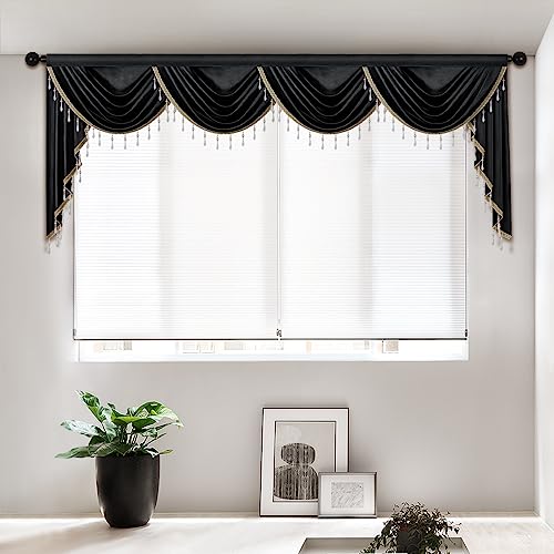 ELKCA Luxury Black Velvet Curtain Valances for Living Room with Beads(118inch,1 Panel) - color: Black, size: 118"W x 43"L (Pack of 1)
