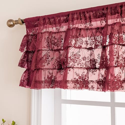 Kotile Burgundy Lace Ruffle Valance for Windows W52 x L18 Inch, 1 Panel - color: Burgundy - Ruffle Lace