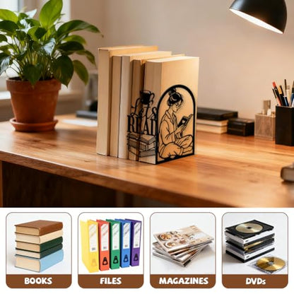 Peacoblue 5.5"x4.3"x8.3" Metal Bookends, Heavy Duty Book Ends for Shelves - style: Girl Reading Books