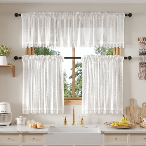 Rinwoc White Lace Semi-Sheer Valance Cafe Curtains 2 Panels – Vintage Boho Valance for Living Room, Privacy Light Filtering Rod Pocket Window Valances, Elegant Pattern Valances, 52W x 18L Inch - color: White Star, size: 52"W x 18"L (Pack of 2)