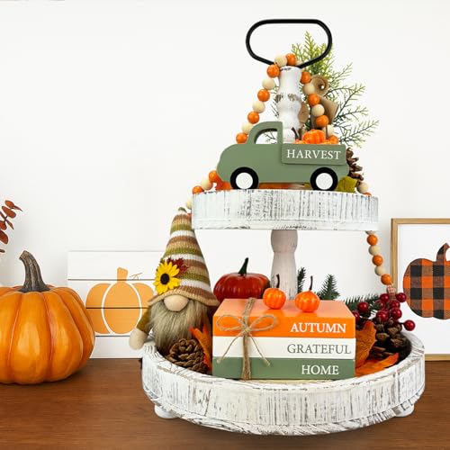 Fall Decorations for Home Indoor, Thanksgiving Wooden Farmhouse Harvest Decor Signs with Book Stack, 3D Truck, 5 Pumpkins for Office Table Tiered Tray, Autumn Centerpiece Gifts for Bedroom Desk - style: Wooden Truck