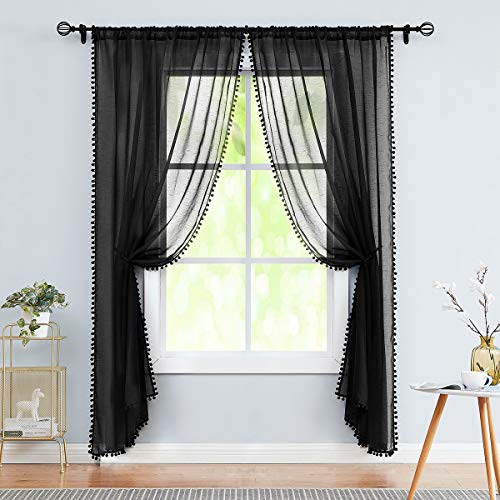 Black Sheer Curtains for Living Room 52x95" Pom Pom Trimmed Voile Drape 2pc - color: Modern Black, size: 52"W x 95"L (Pack of 2)