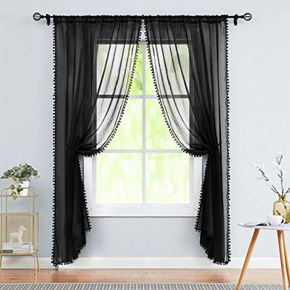 Black Sheer Curtains for Living Room 52x95" Pom Pom Trimmed Voile Drape 2pc - color: Modern Black, size: 52"W x 95"L (Pack of 2)
