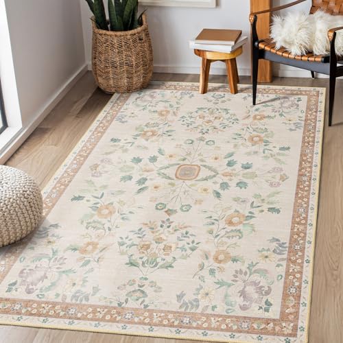 MUJOO 3x5 Rug Washable Floral Area Rugs Non Slip Ultra-Thin - color: Beige, size: 3' x 5' (Rectangular)