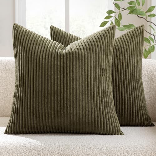 MIULEE Decorative Corduroy Throw Pillow Covers Set of 2 18x18 Olive Green - color: Olive Green, size: 18" x 18" (Pack of 2)