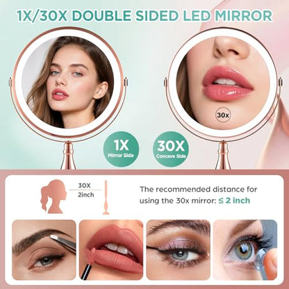 30X Makeup Mirror with Lights and Magnification-Rose Gold 8" Double Sided - color: Rose Gold