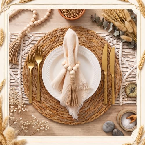Fanfanwin Set of 6 Boho Woven Placemats with Khaki Napkins, 13 in - color: Khaki