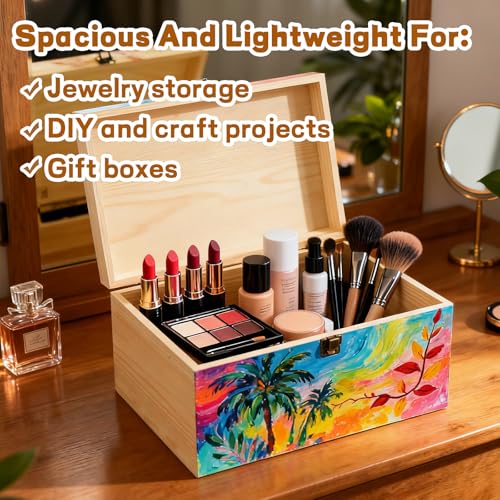 YAYODS Wooden Box with Hinged Lid, 13.7 x 9.8 x 6.7 Inch Large Wood Storage Box, Unfinished Wooden Keepsake Box for Crafts Art and DIY Hobbies, Jewelry, and Home Storage