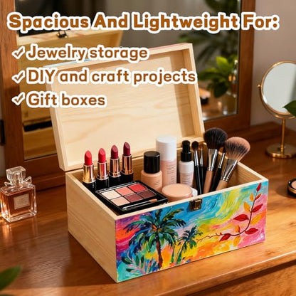 YAYODS Wooden Box with Hinged Lid, 13.7 x 9.8 x 6.7 Inch Large Wood Storage Box, Unfinished Wooden Keepsake Box for Crafts Art and DIY Hobbies, Jewelry, and Home Storage